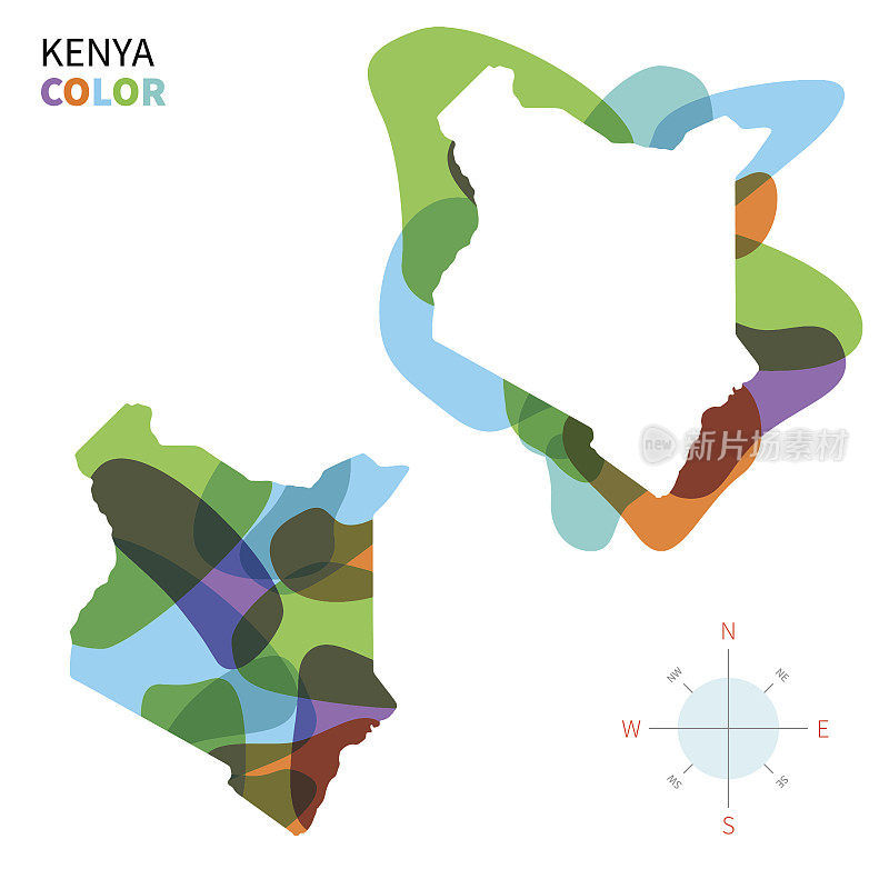 Abstract vector color map of Kenya with transparent paint effect.